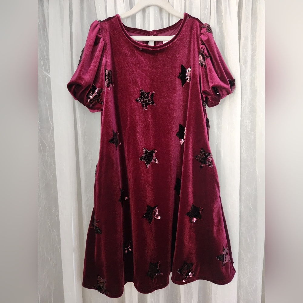 Cat&Jack Burgundy Velvet Starred Short Sleeve Dress w/pockets,Girl's 10/12, NWOT - Picture 9 of 9